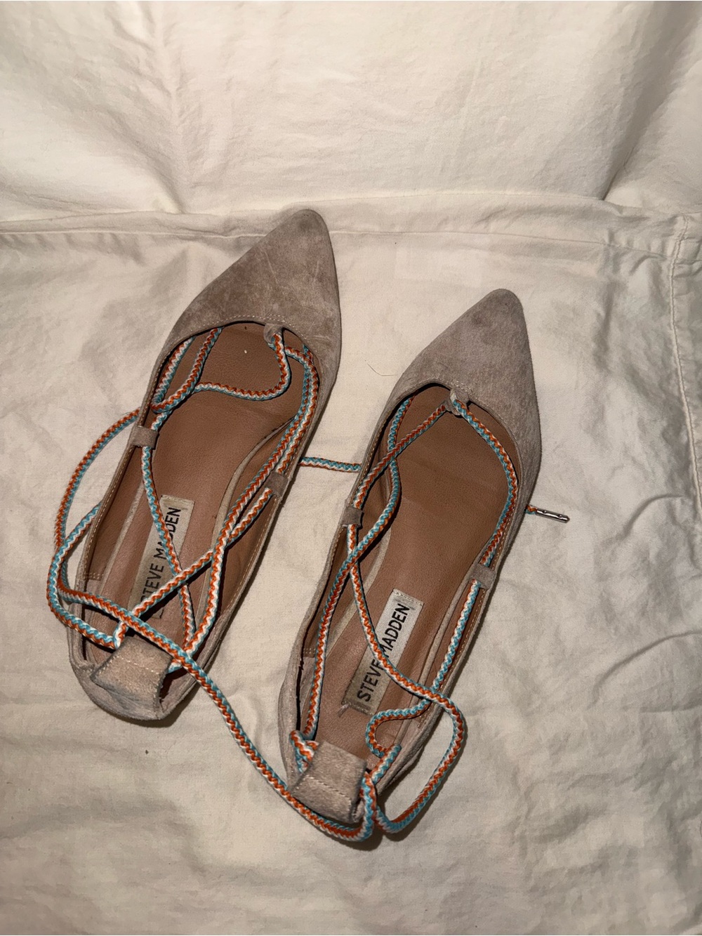 Steve Madden Taupe Suede Pointed Lace-Up Flats with Multicolor Braided Laces